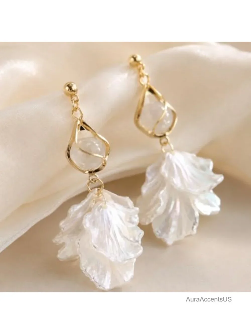 White Shell Petal Drop Earrings Gold Dangle Boho Statement Jewelry
